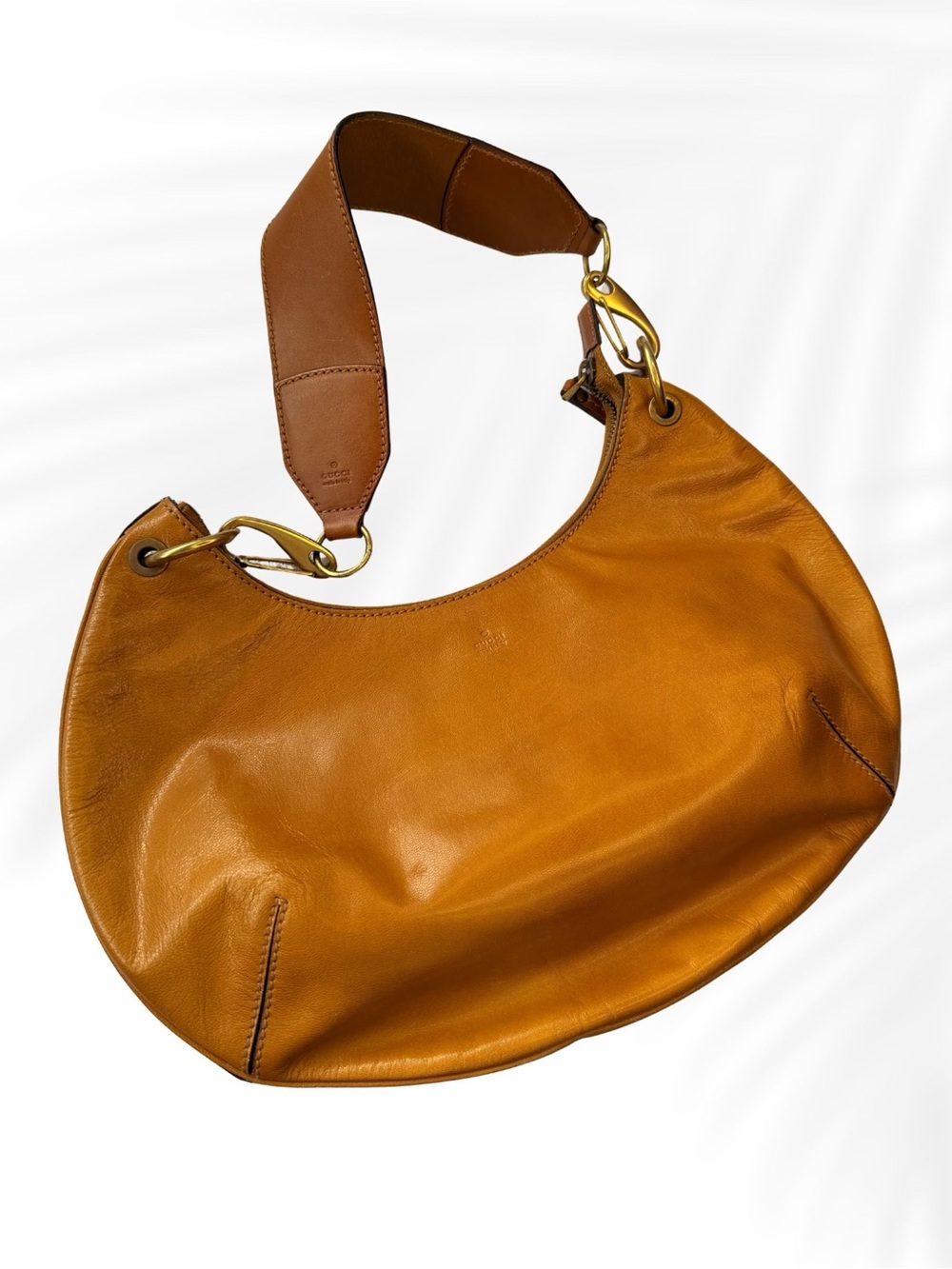 Gucci Vintage Cognac Leather Hobo Shoulder Bag Monogram Lining